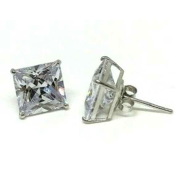 Jewelry - Princess Cut Sterling Silver 7mm Cubic Zirconia Stud Earrings with Rhodium